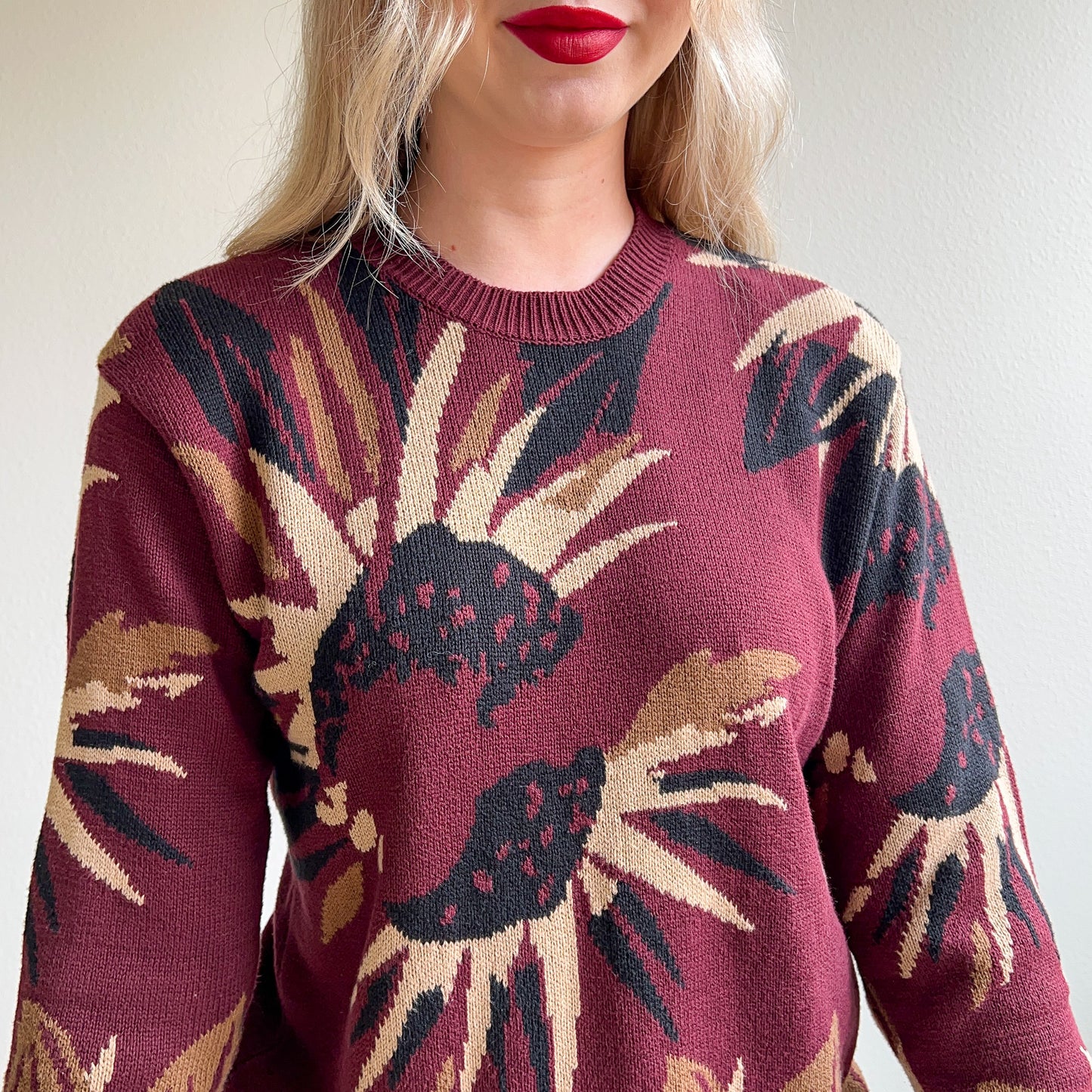 1980s Burgundy Sweater With Sunflower Pattern (M/L)