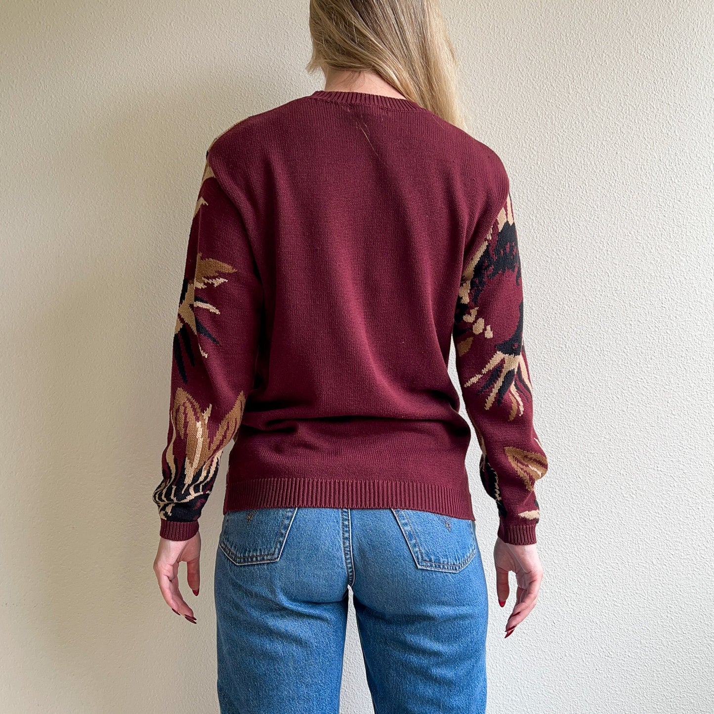 1980s Burgundy Sweater With Sunflower Pattern (M/L)