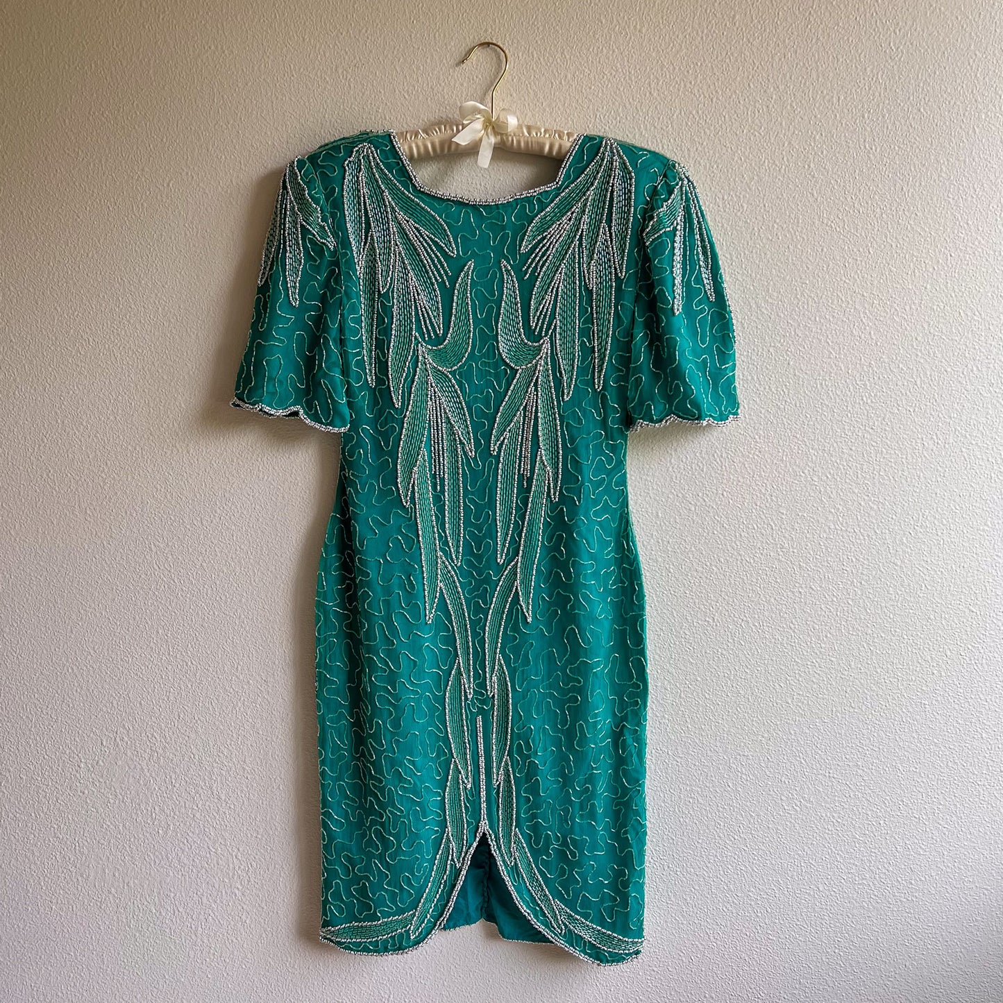 1980s Teal Silk Party Dress With Beading (M)