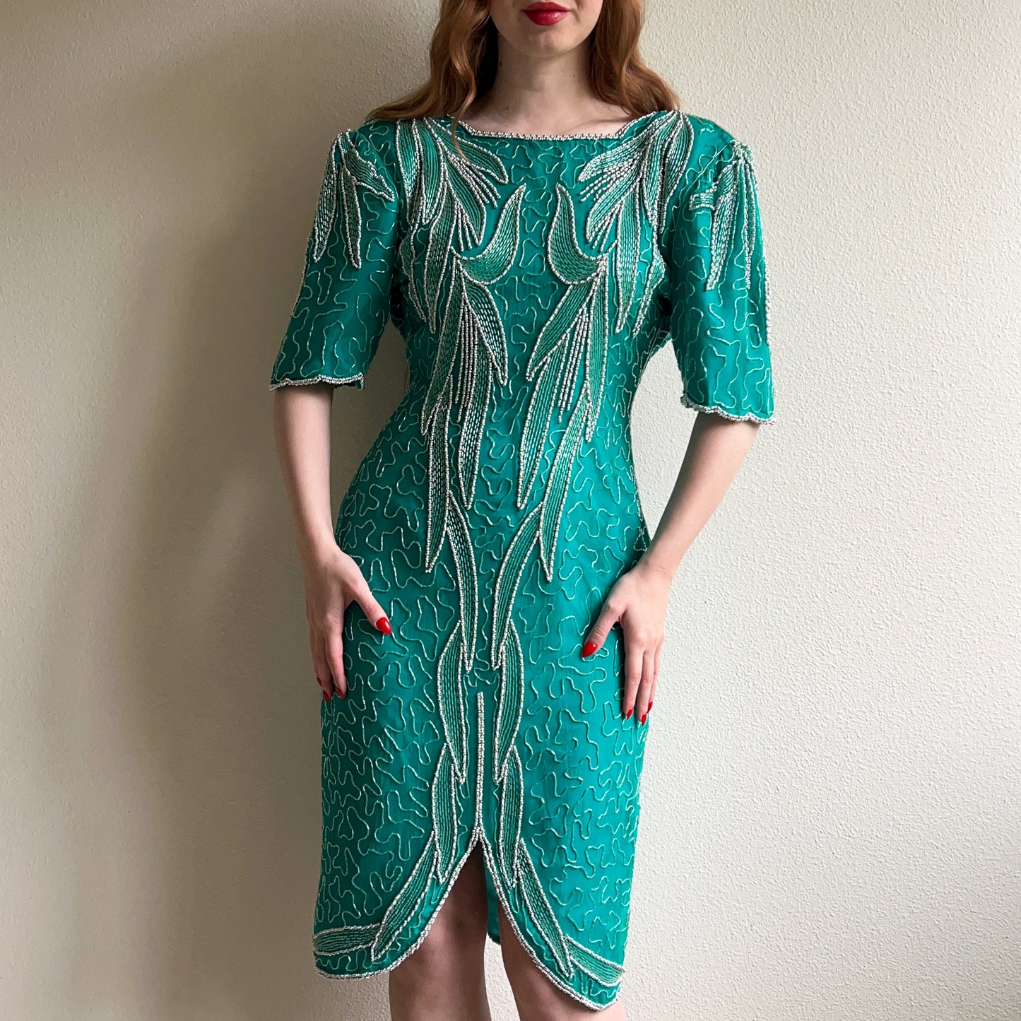 1980s Teal Silk Party Dress With Beading (M)