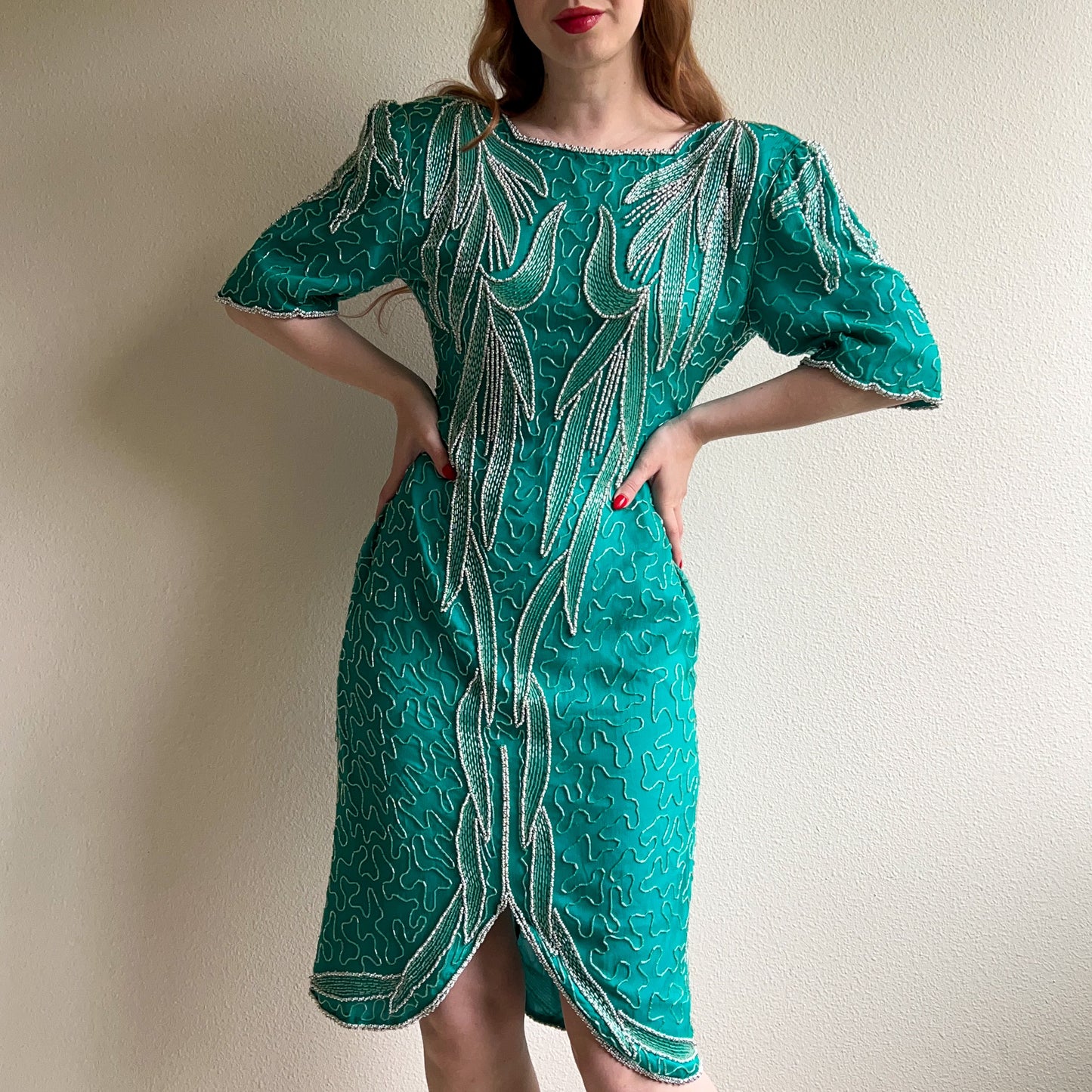 1980s Teal Silk Party Dress With Beading (M)
