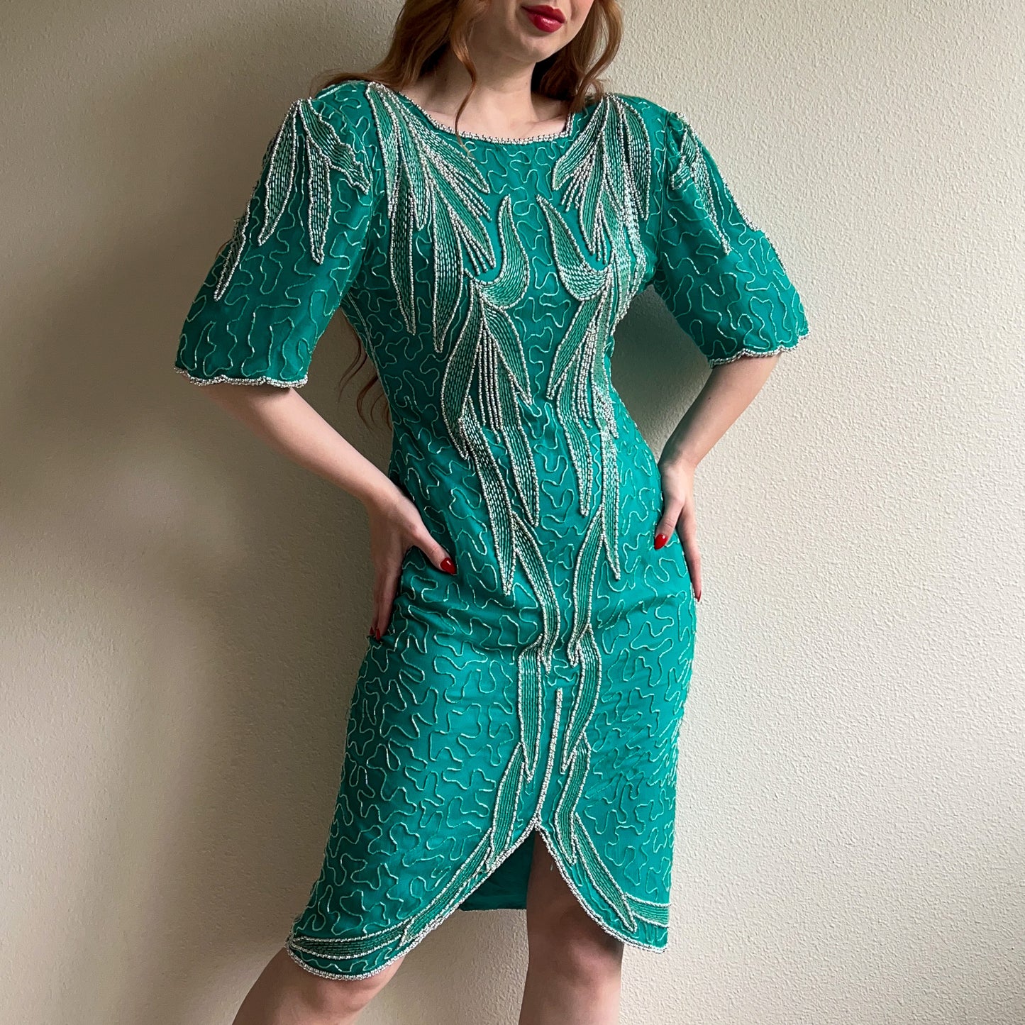 1980s Teal Silk Party Dress With Beading (M)