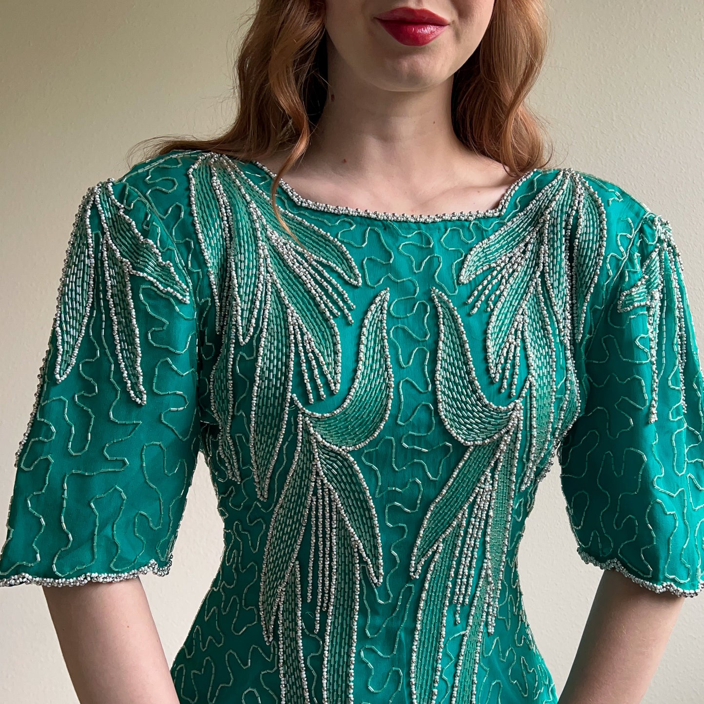 1980s Teal Silk Party Dress With Beading (M)