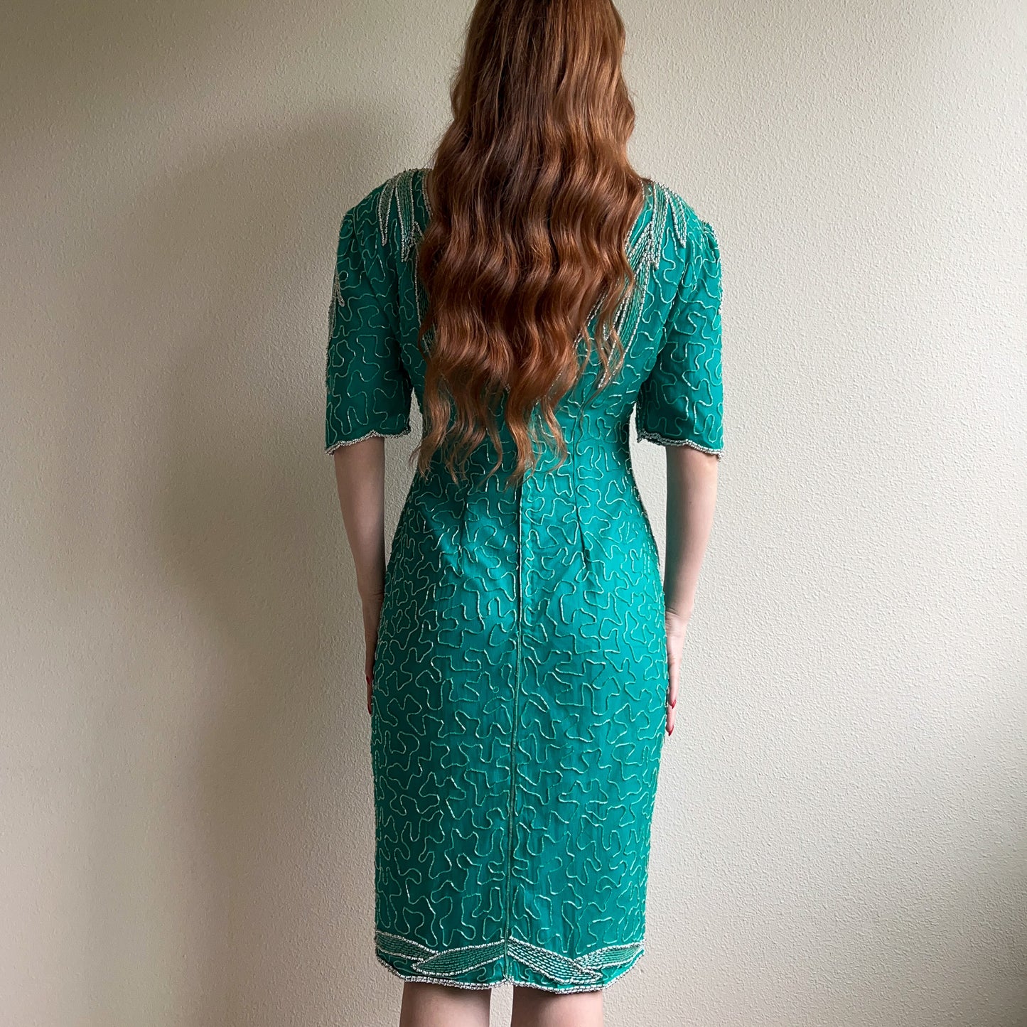 1980s Teal Silk Party Dress With Beading (M)
