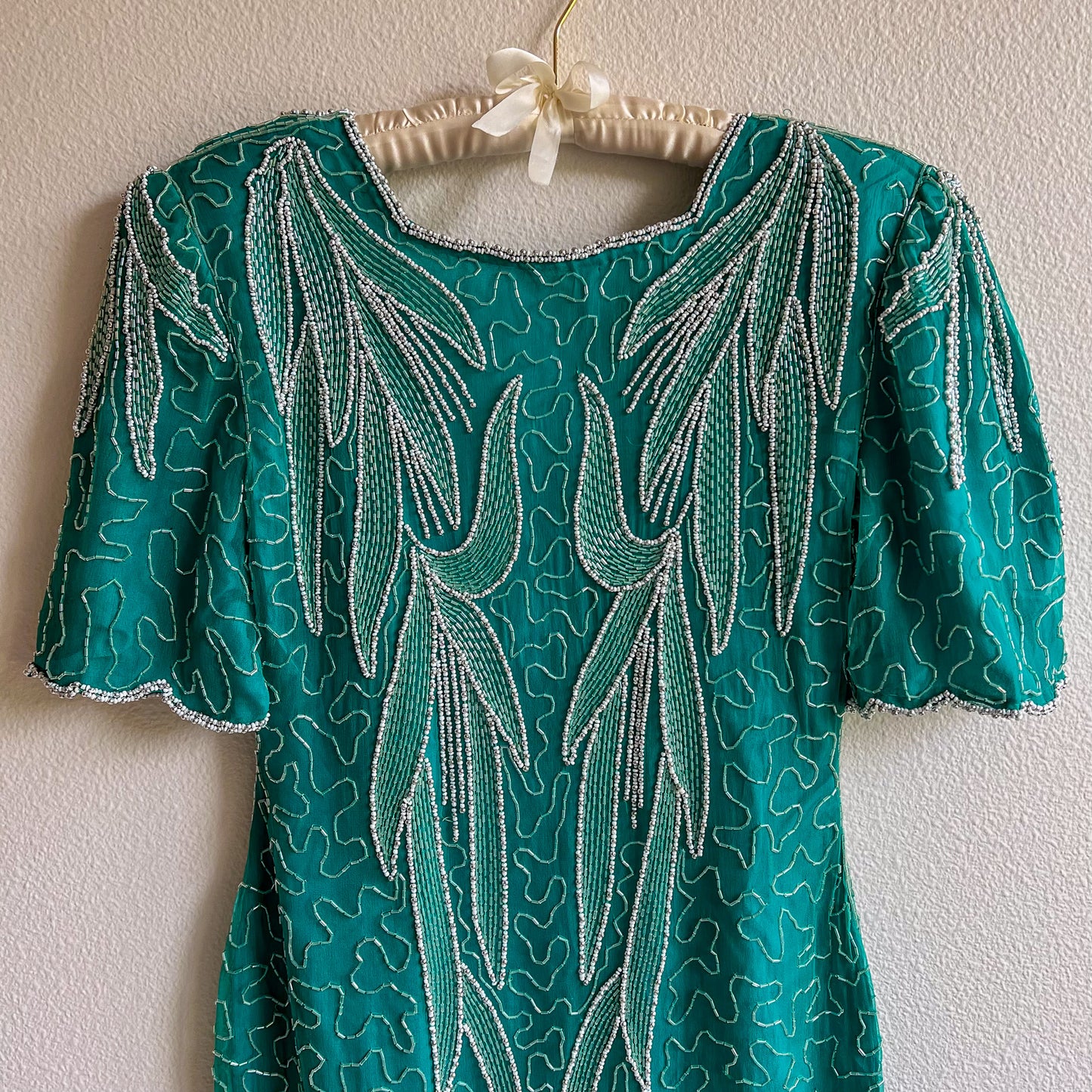 1980s Teal Silk Party Dress With Beading (M)