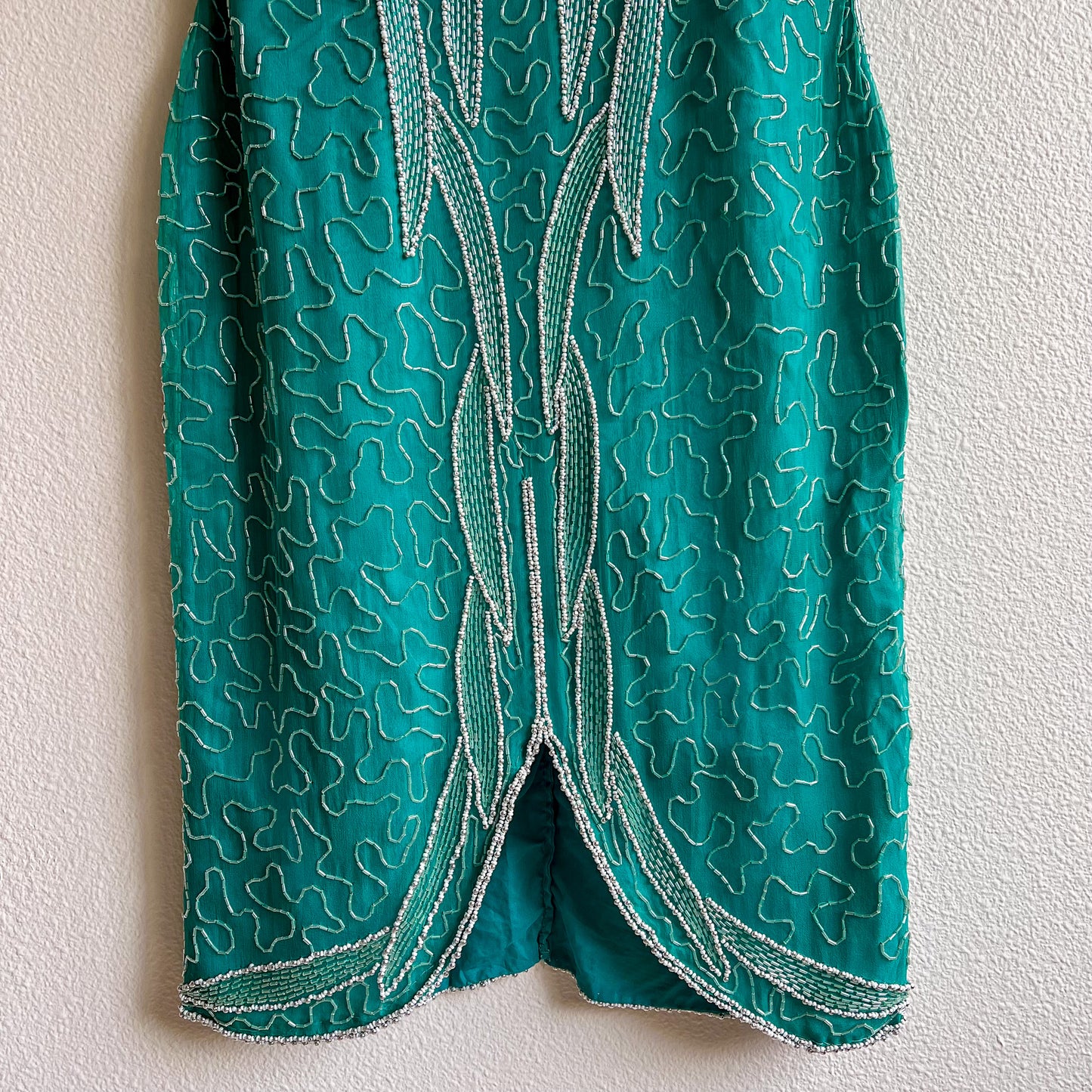 1980s Teal Silk Party Dress With Beading (M)