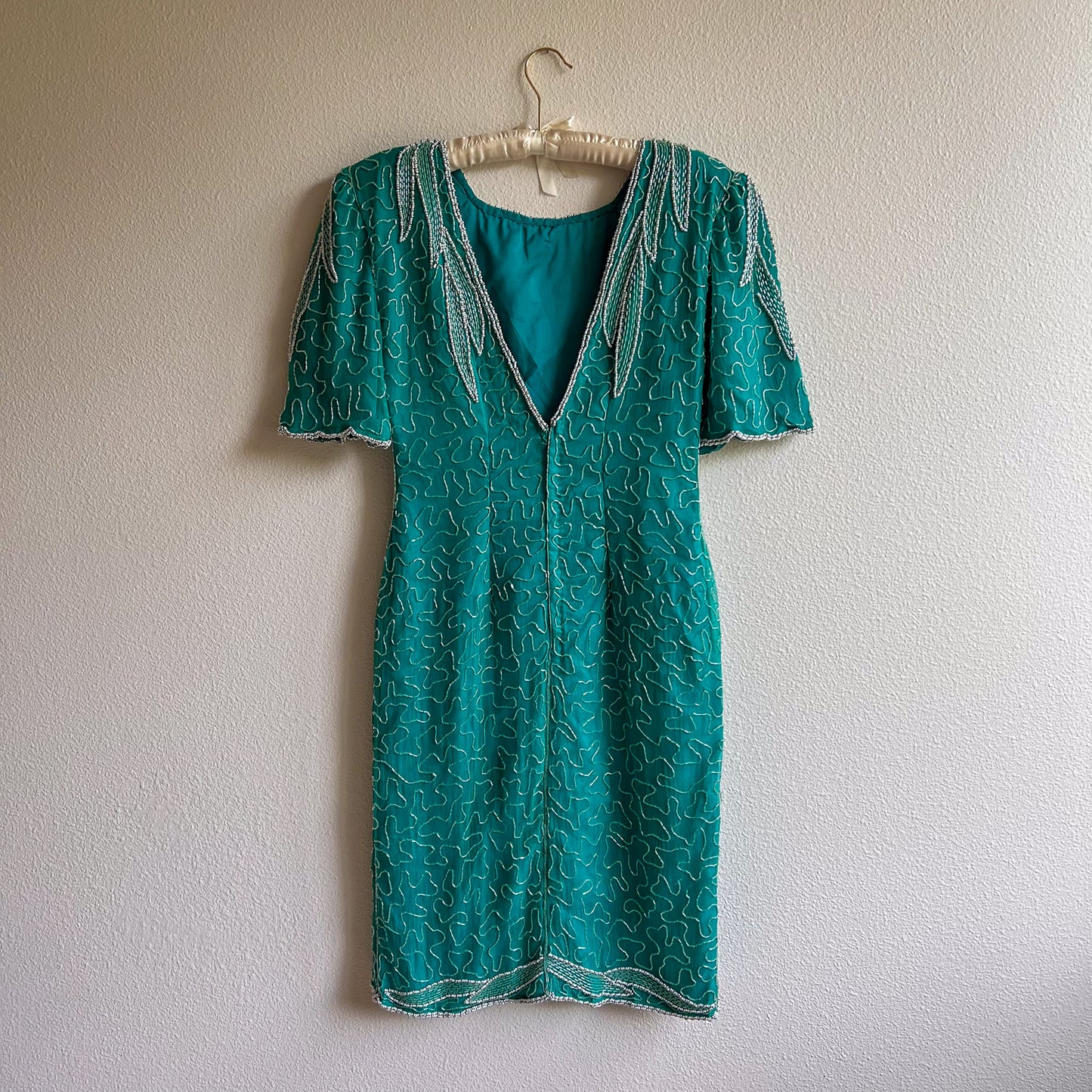 1980s Teal Silk Party Dress With Beading (M)