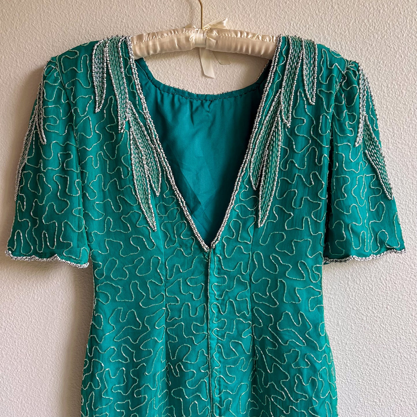 1980s Teal Silk Party Dress With Beading (M)