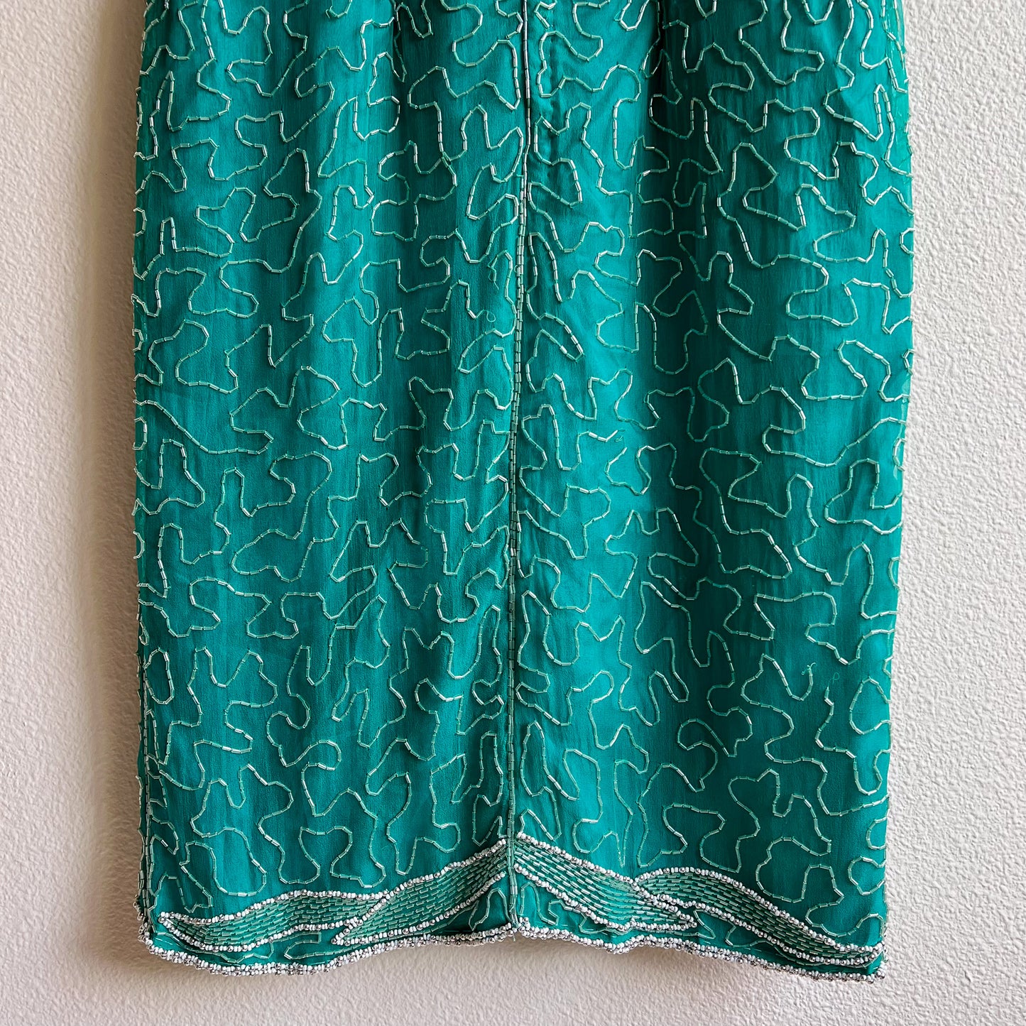 1980s Teal Silk Party Dress With Beading (M)