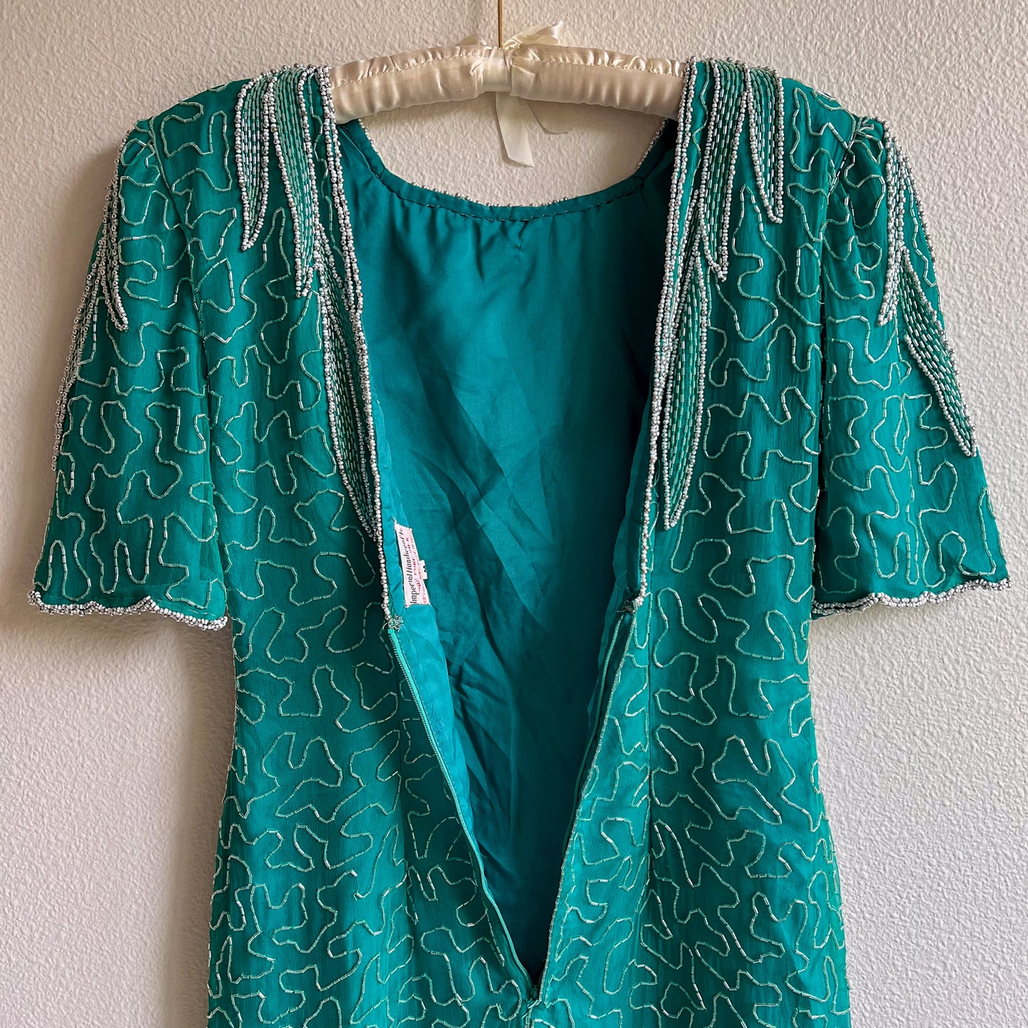 1980s Teal Silk Party Dress With Beading (M)
