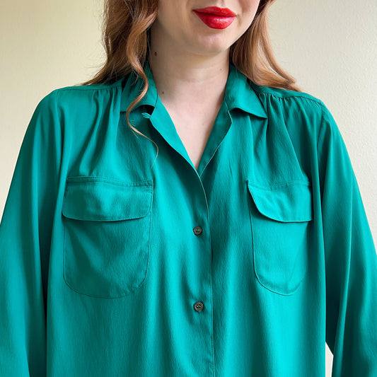 1980s Teal Buttoned Blouse With Pockets (M/L)