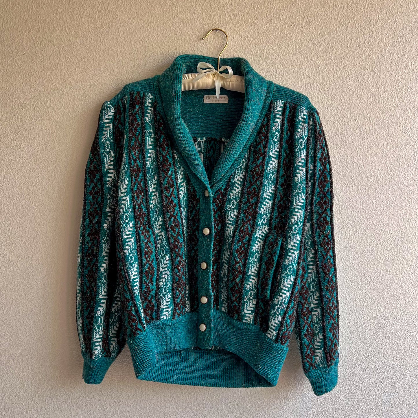 1980s Teal Pattern Cardigan With Iridescent Threads (M/L)