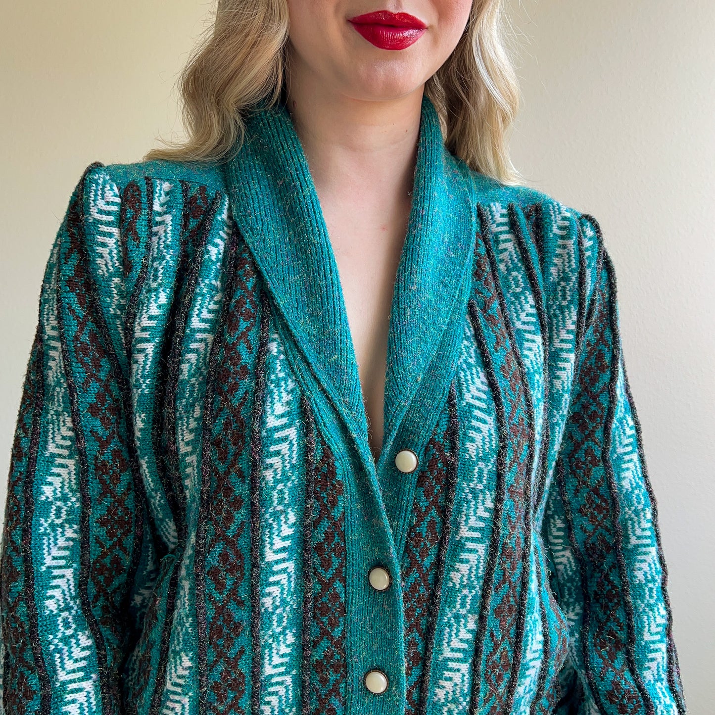 1980s Teal Pattern Cardigan With Iridescent Threads (M/L)