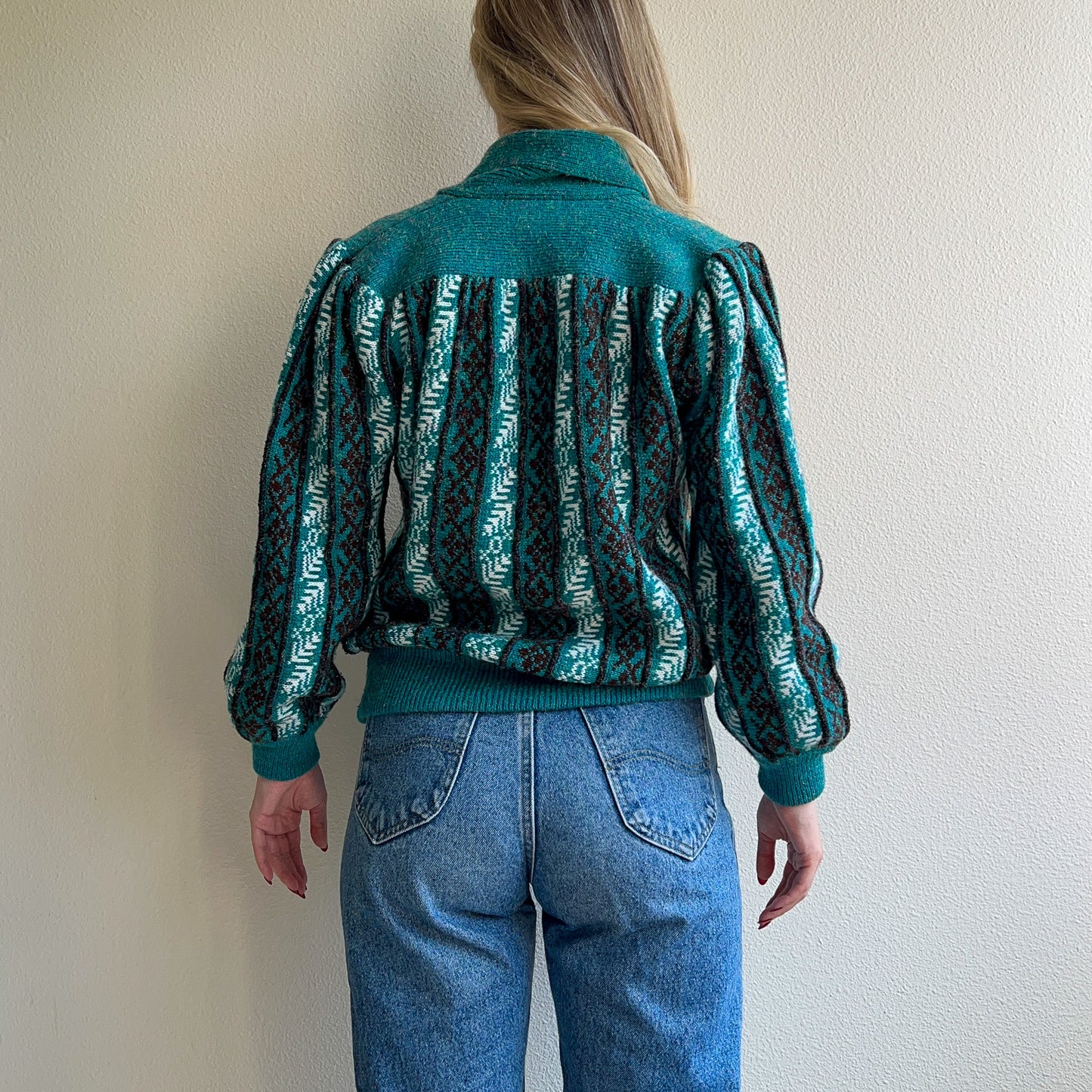 1980s Teal Pattern Cardigan With Iridescent Threads (M/L)
