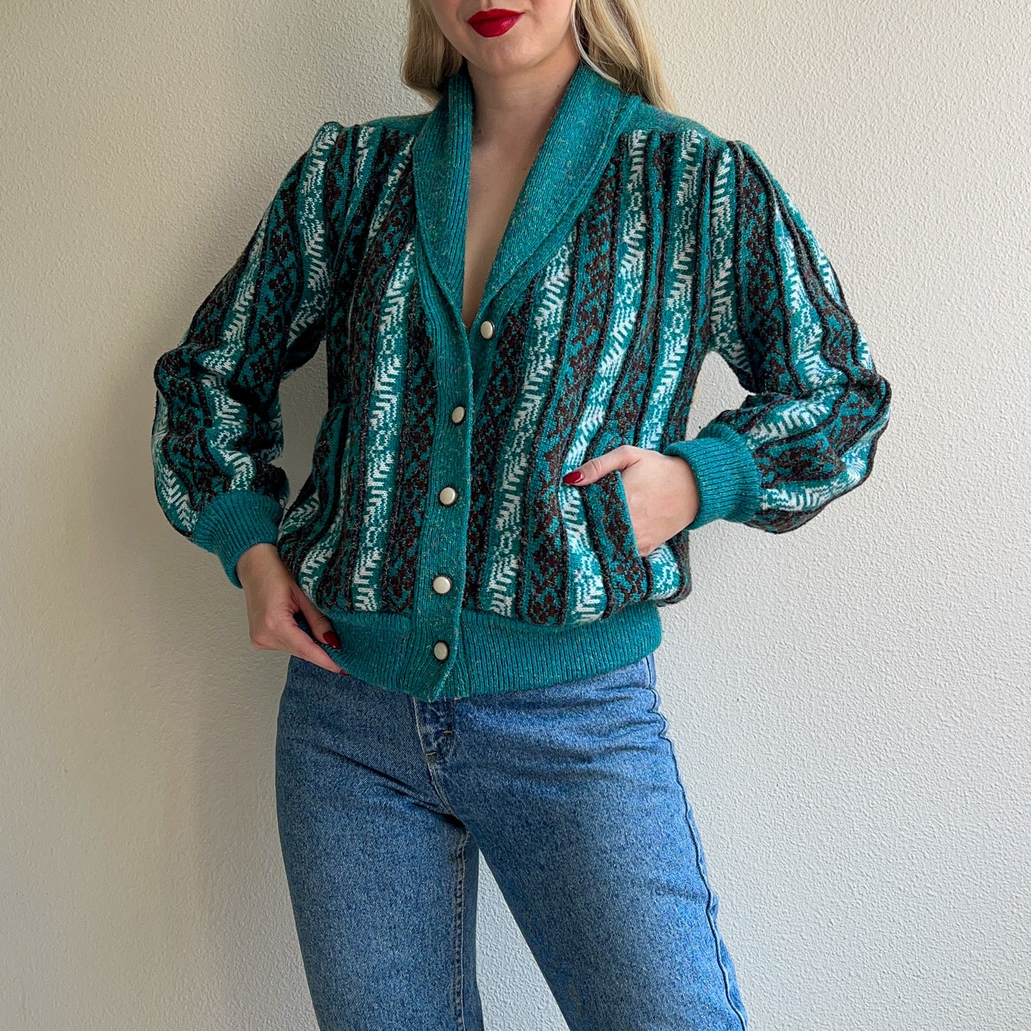 1980s Teal Pattern Cardigan With Iridescent Threads (M/L)