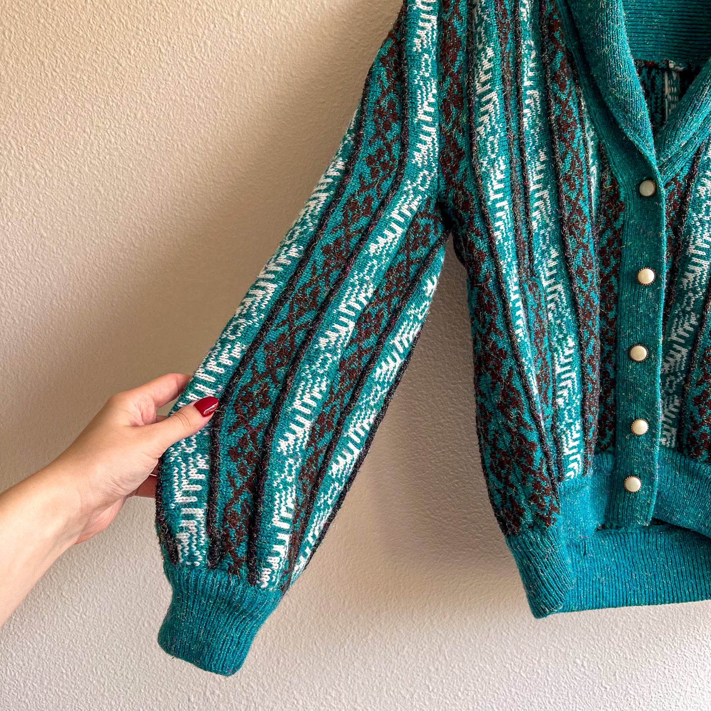 1980s Teal Pattern Cardigan With Iridescent Threads (M/L)