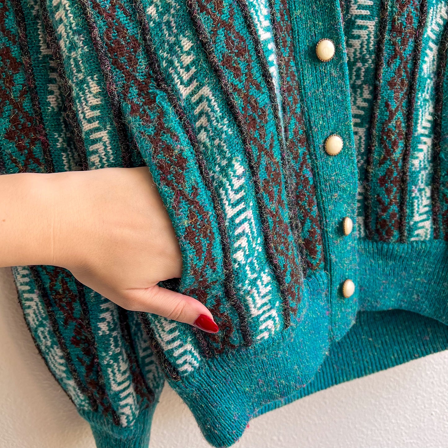 1980s Teal Pattern Cardigan With Iridescent Threads (M/L)