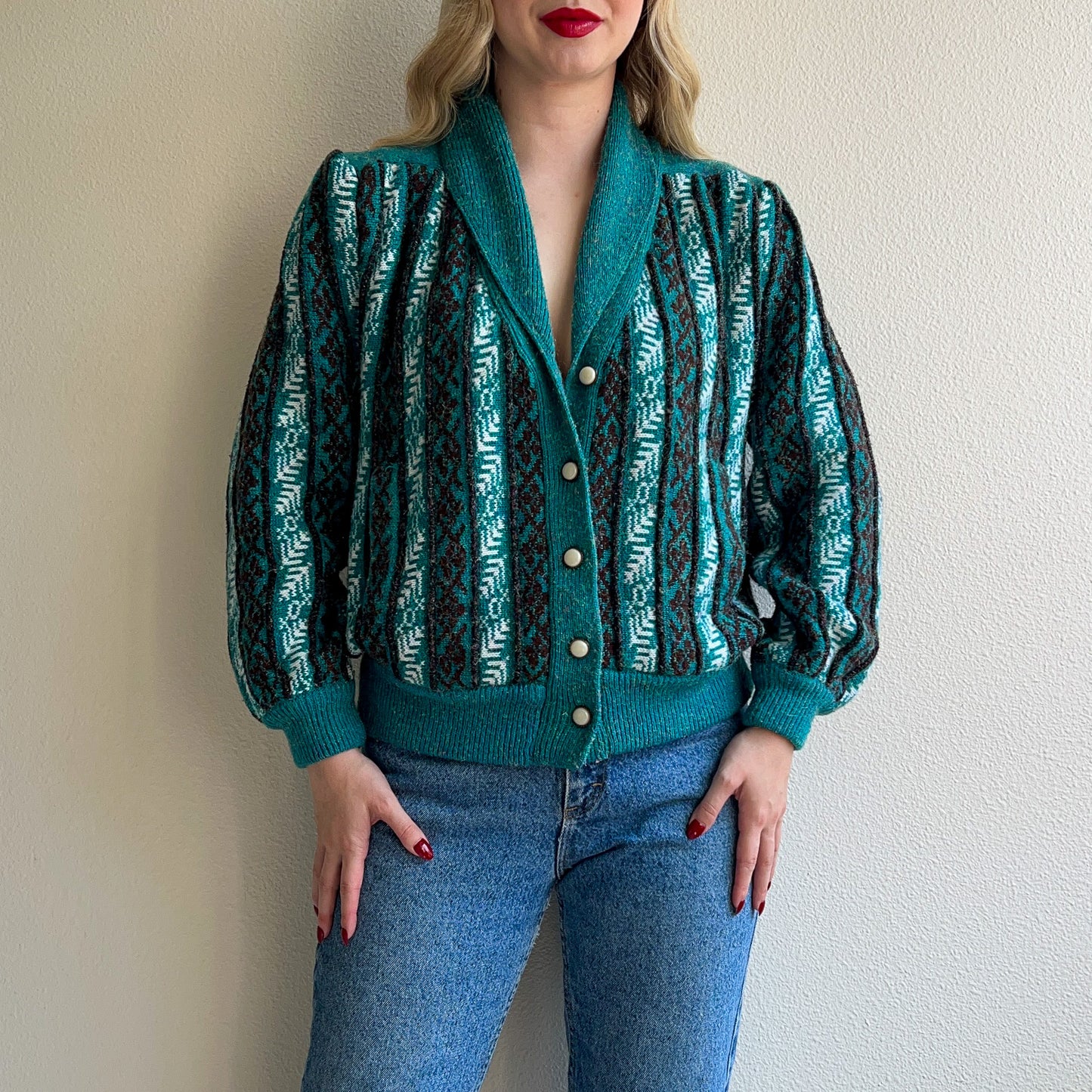 1980s Teal Pattern Cardigan With Iridescent Threads (M/L)