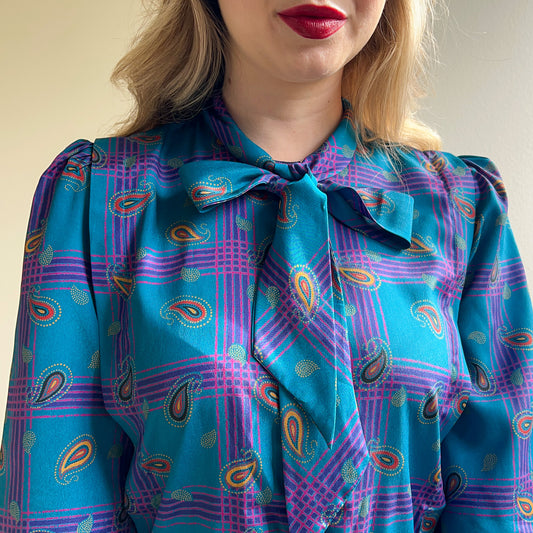 1980s Teal and Purple Paisley Print Dress (M/L)