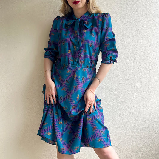 1980s Teal and Purple Paisley Print Dress (M/L)