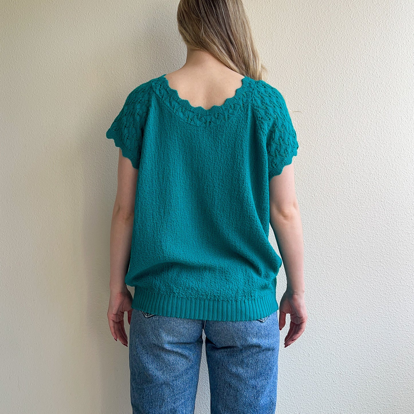 1980s Teal Short Sleeve Sweater With Crochet Details (L/XL)