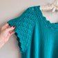 1980s Teal Short Sleeve Sweater With Crochet Details (L/XL)
