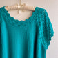 1980s Teal Short Sleeve Sweater With Crochet Details (L/XL)