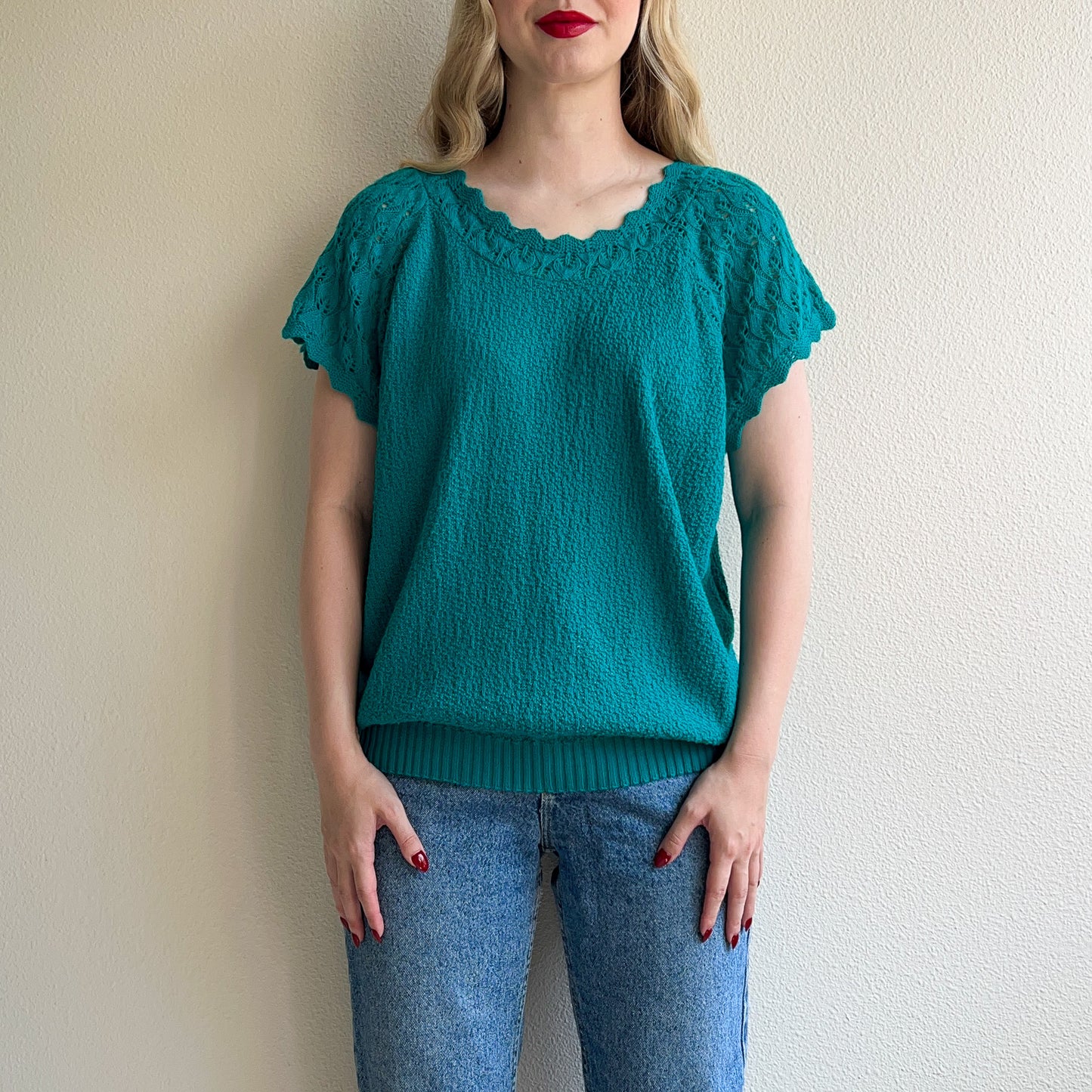 1980s Teal Short Sleeve Sweater With Crochet Details (L/XL)