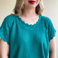 1980s Teal Short Sleeve Sweater With Crochet Details (L/XL)
