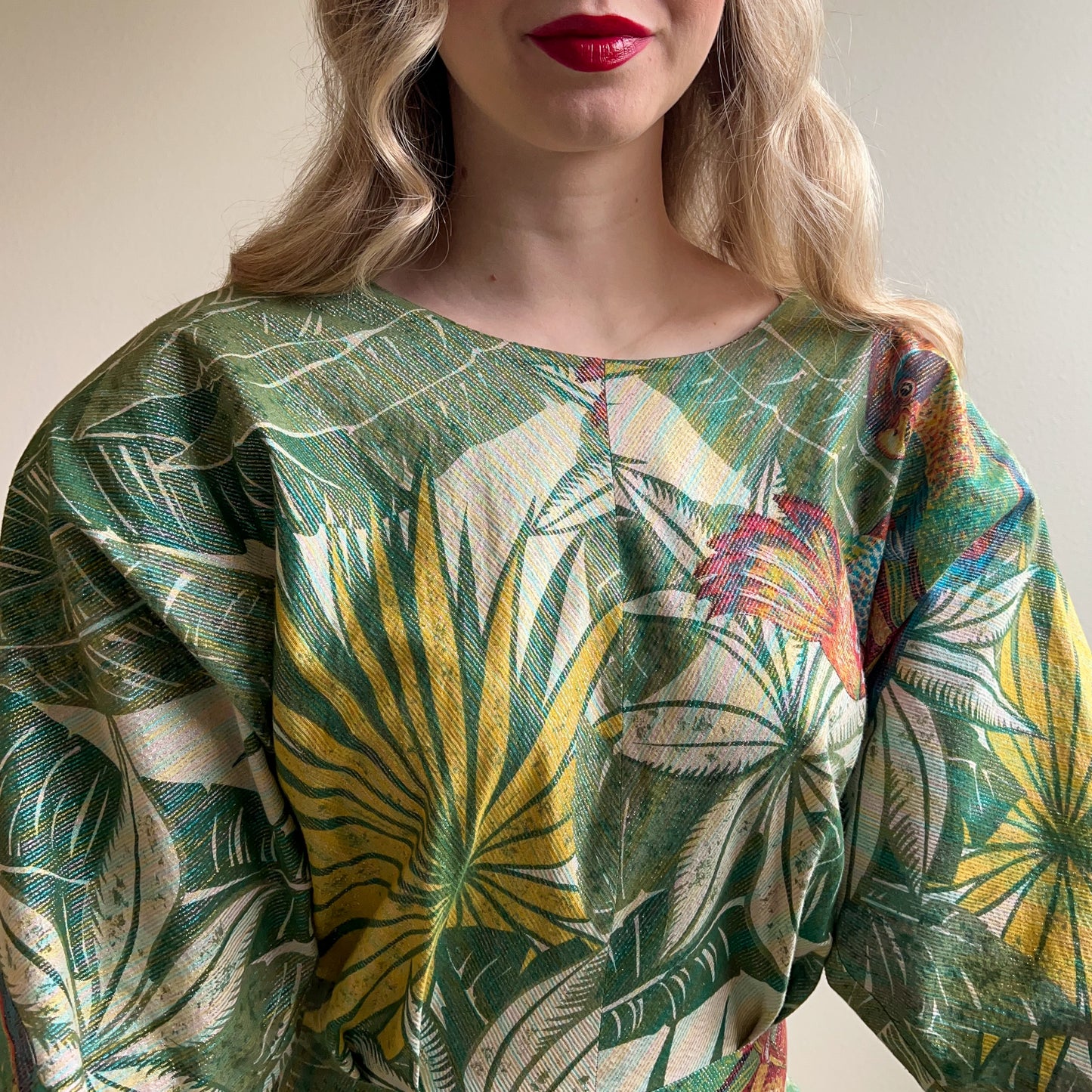 1980s Tropical Bird Print Dress With Metallic Threads (L)