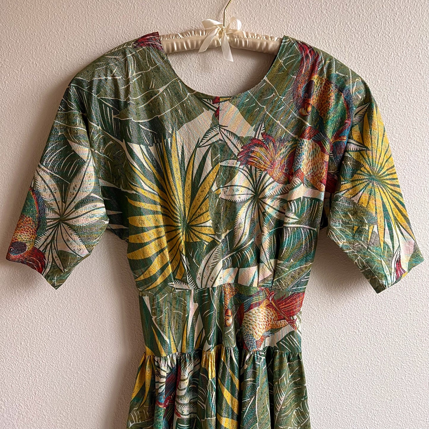 1980s Tropical Bird Print Dress With Metallic Threads (L)