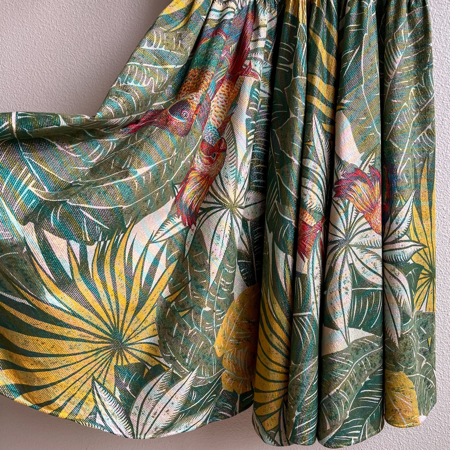1980s Tropical Bird Print Dress With Metallic Threads (L)