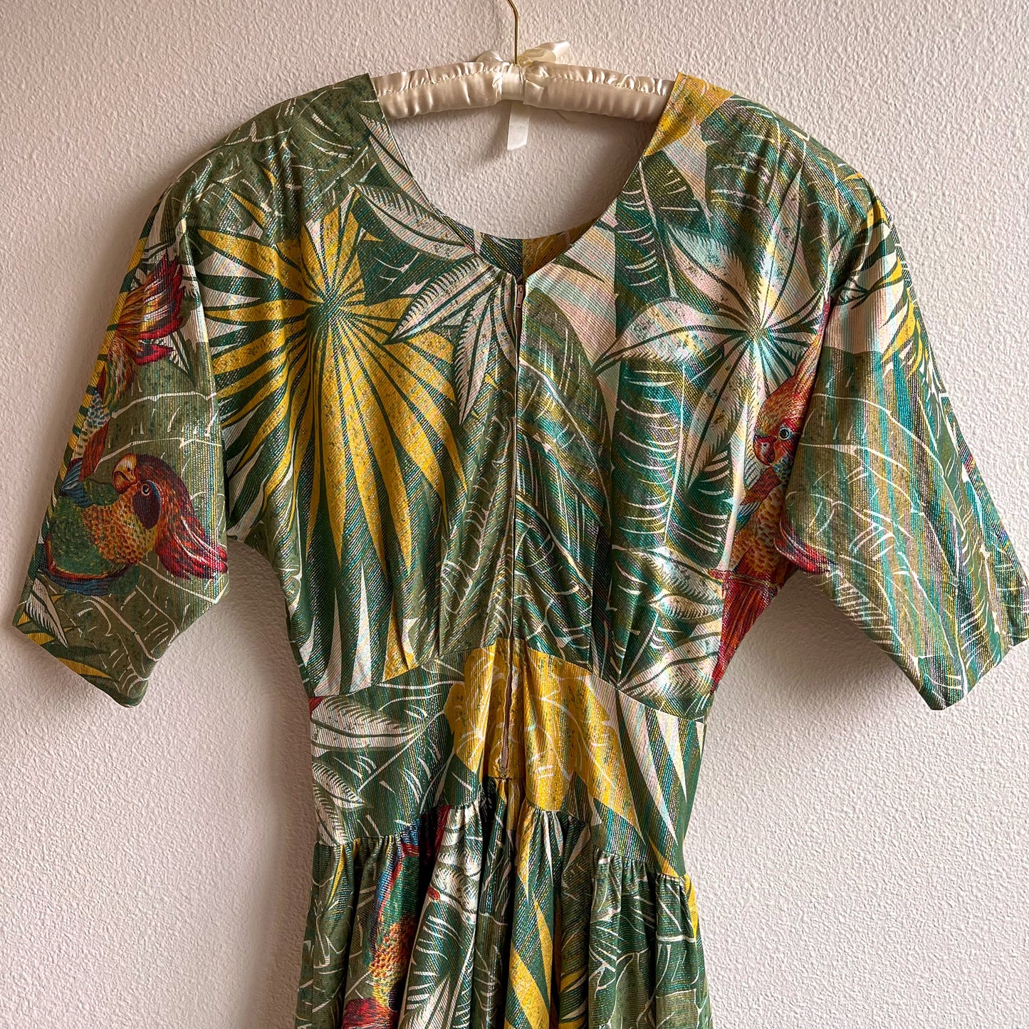 1980s Tropical Bird Print Dress With Metallic Threads (L)