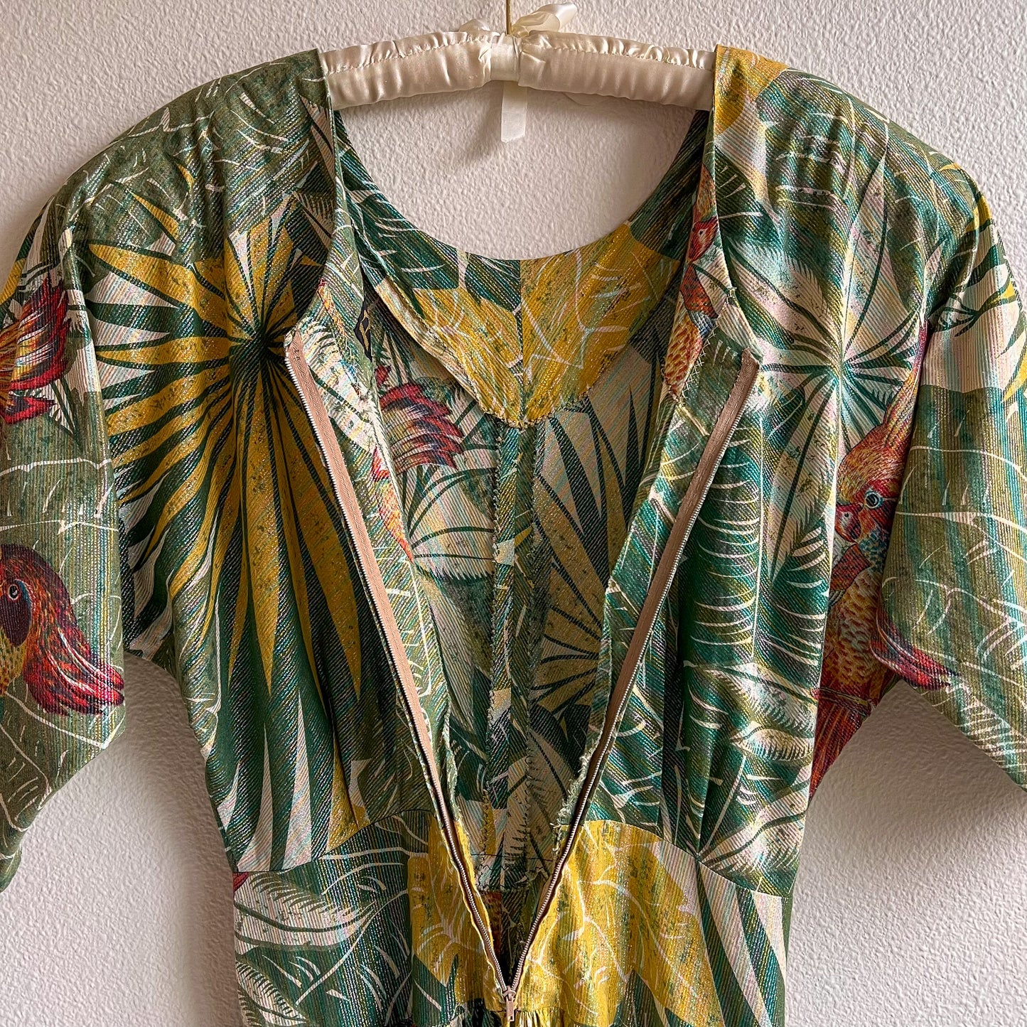 1980s Tropical Bird Print Dress With Metallic Threads (L)