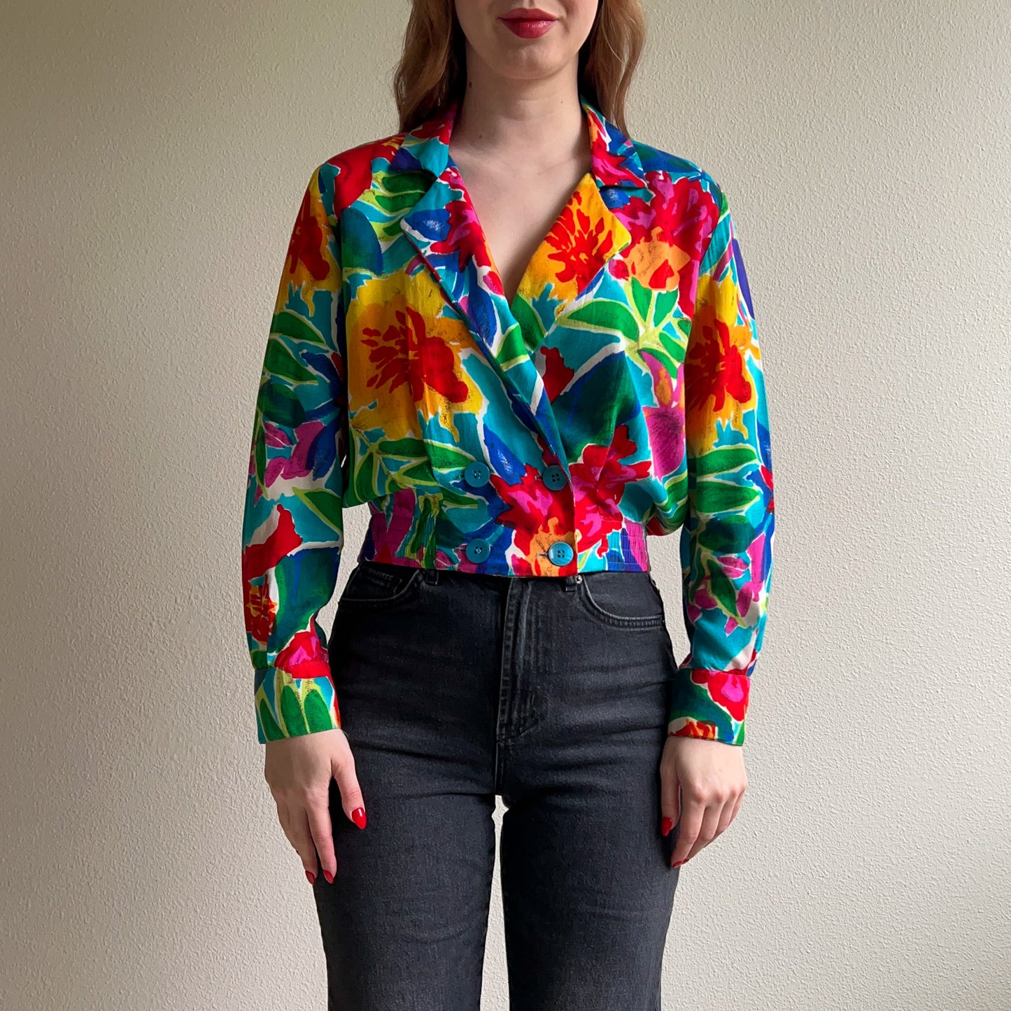 1980s Vibrant Tropical Print Cropped Blouse (M/L)