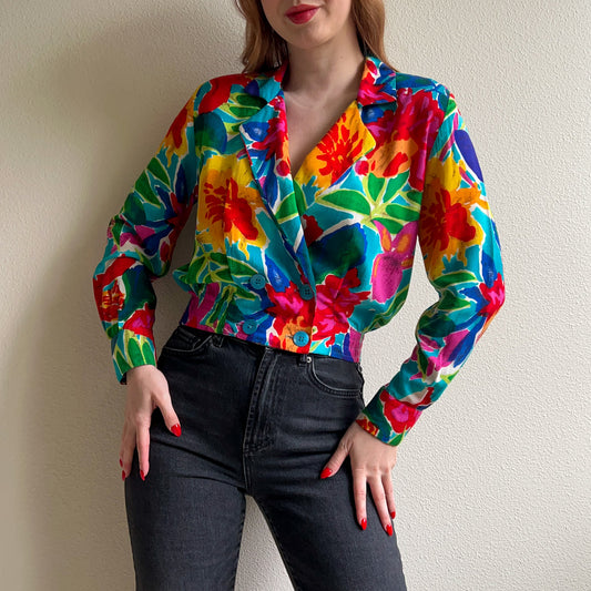 1980s Vibrant Tropical Print Cropped Blouse (M/L)