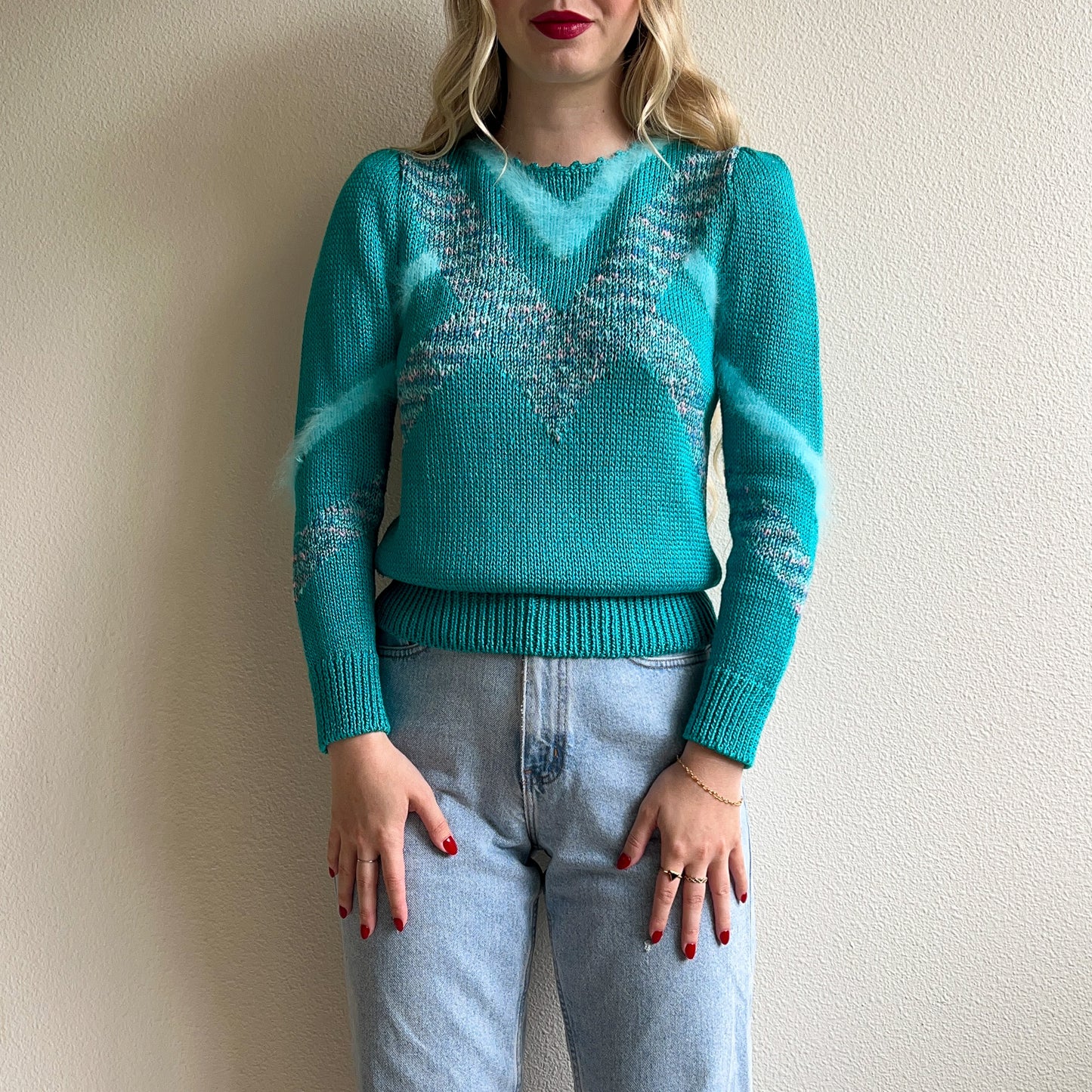 1980s Turquoise Fuzzy Knit Sweater (S/M)