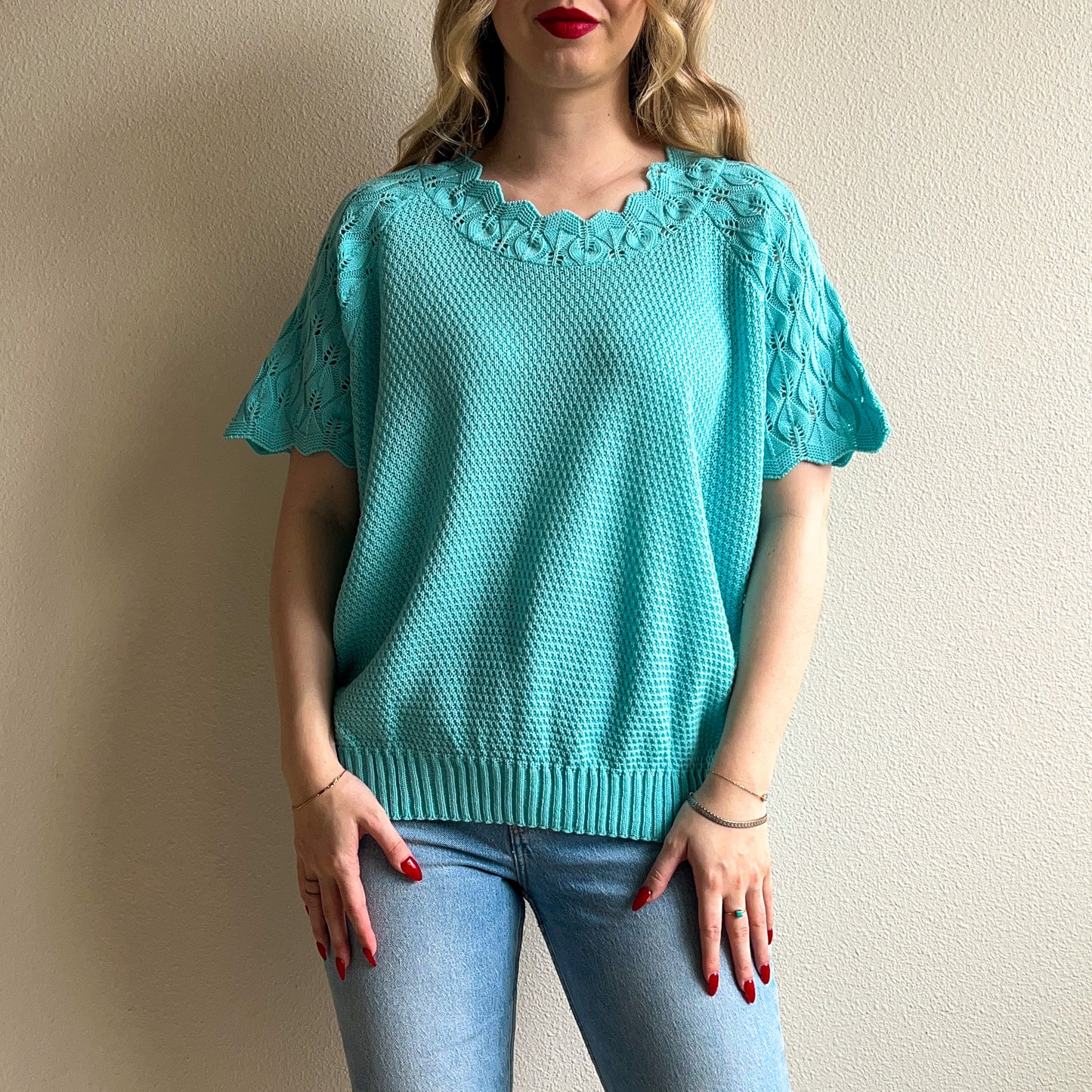 1980s Turquoise Sweater With Short Sleeves (L/XL)