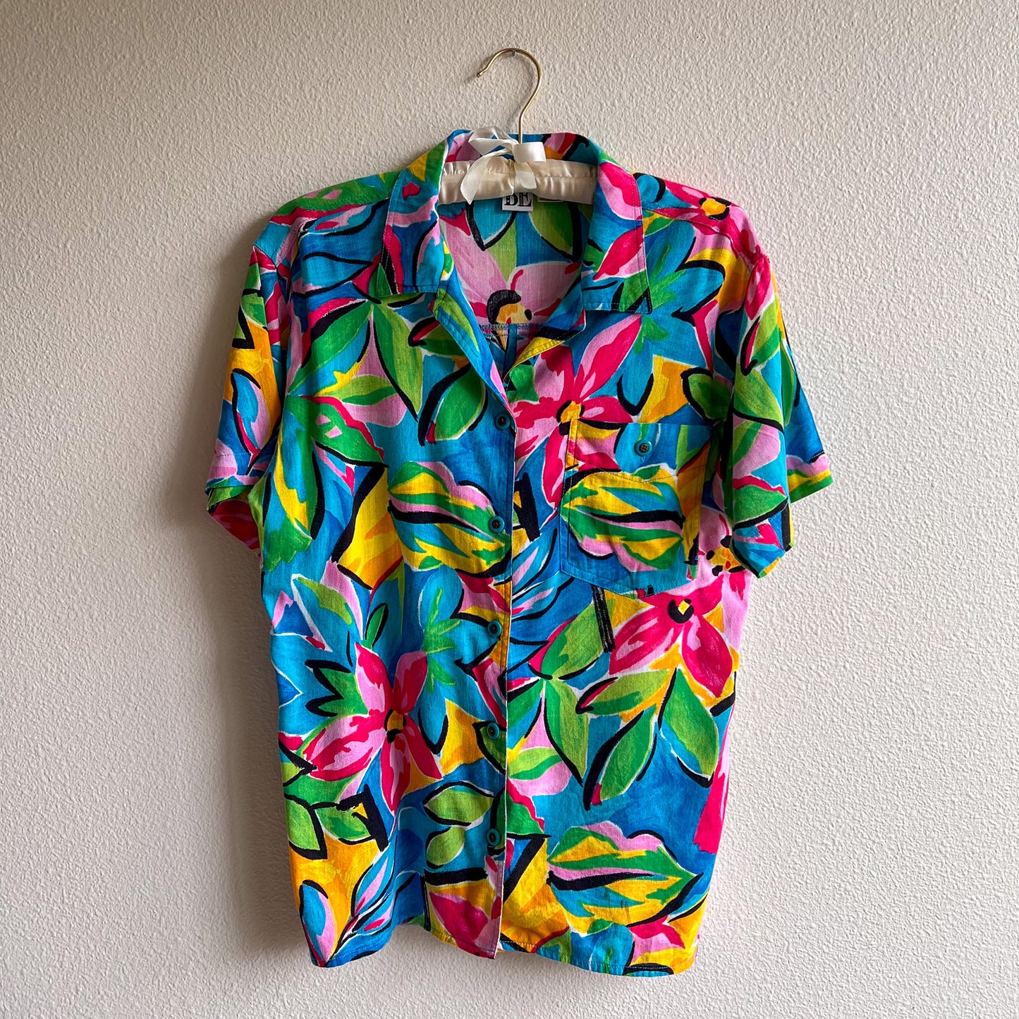 1980s Turquoise Tropical Print Button Down (M/L)