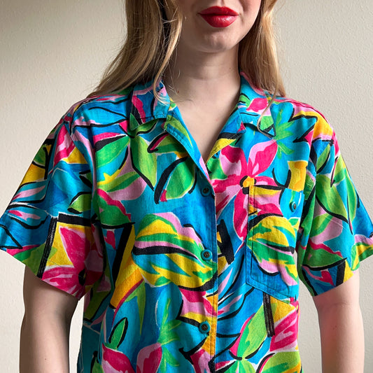 1980s Turquoise Tropical Print Button Down (M/L)