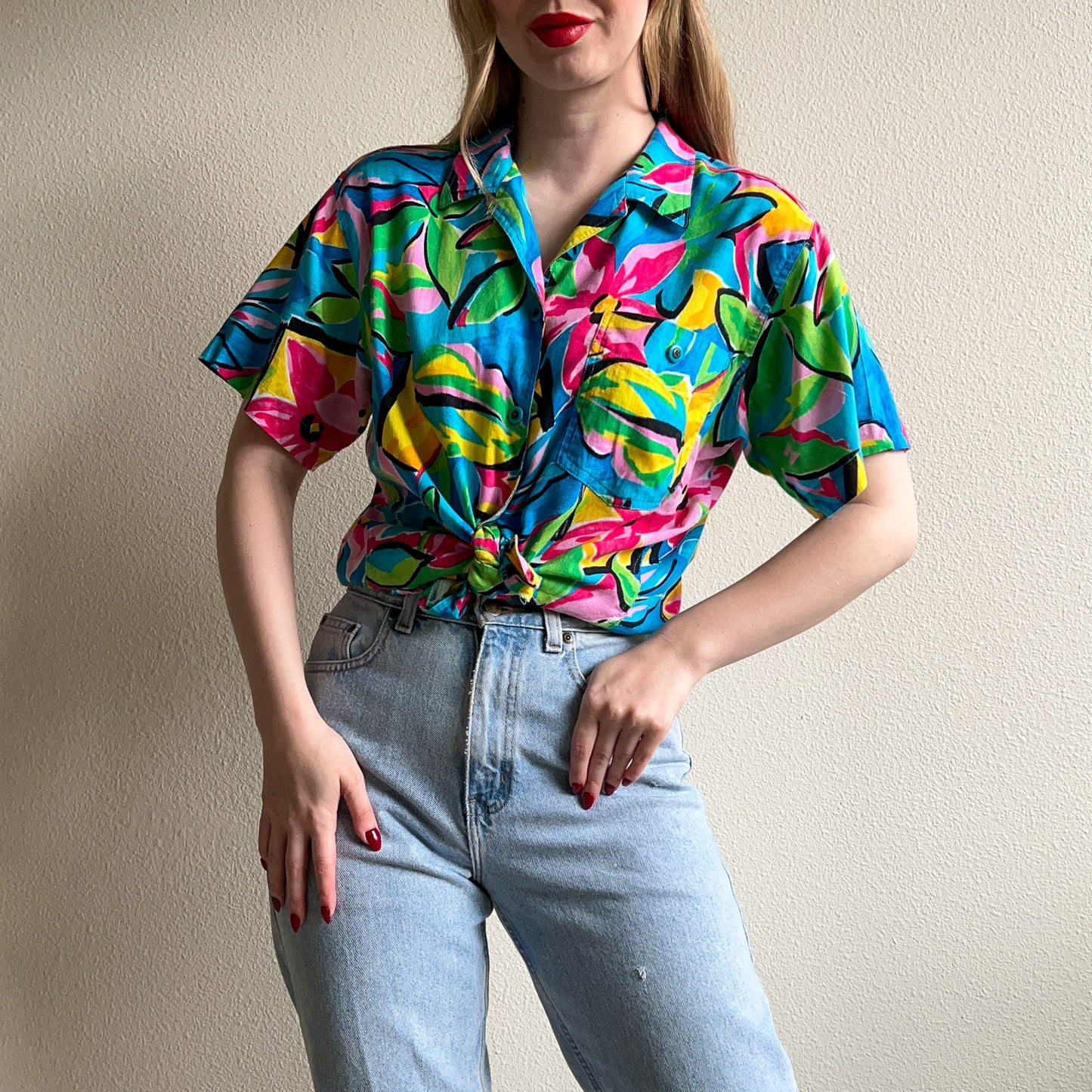 1980s Turquoise Tropical Print Button Down (M/L)