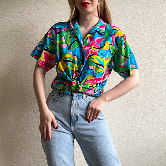 1980s Turquoise Tropical Print Button Down (M/L)