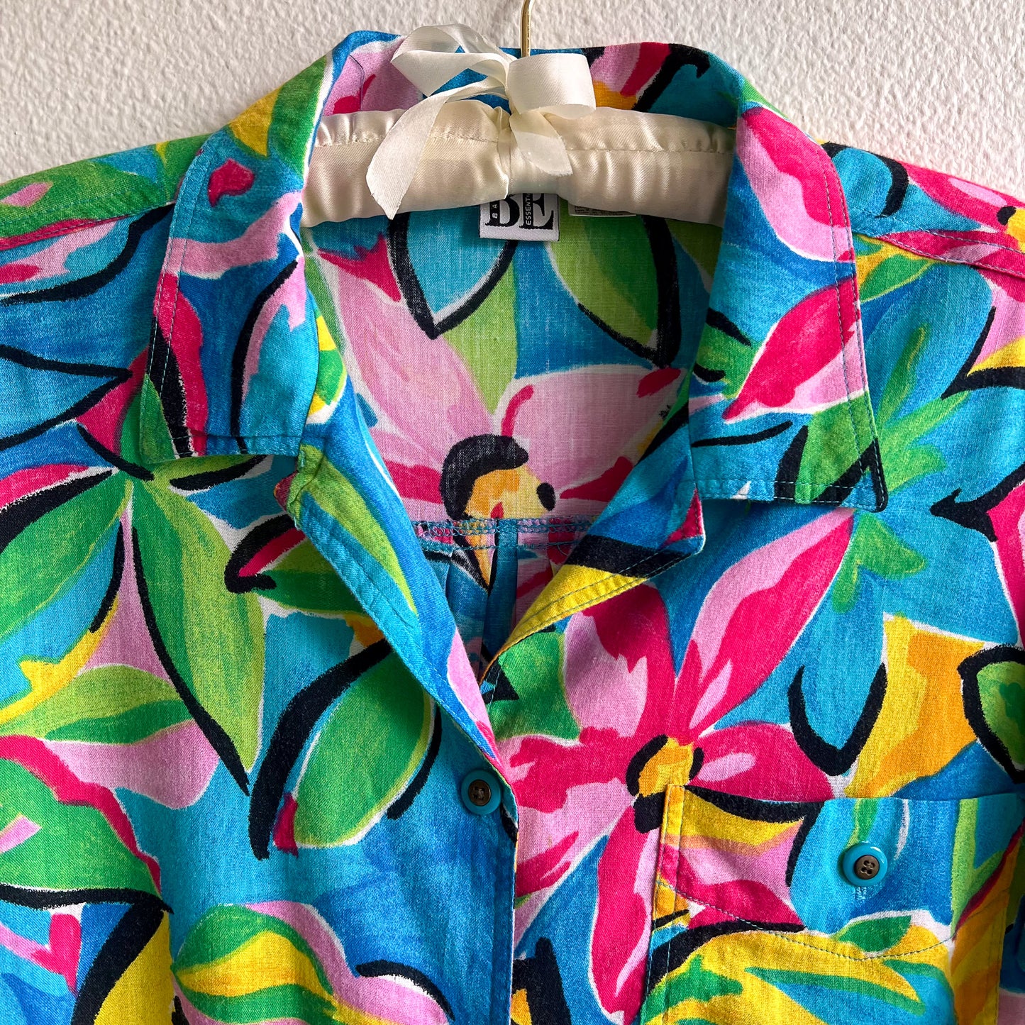 1980s Turquoise Tropical Print Button Down (M/L)