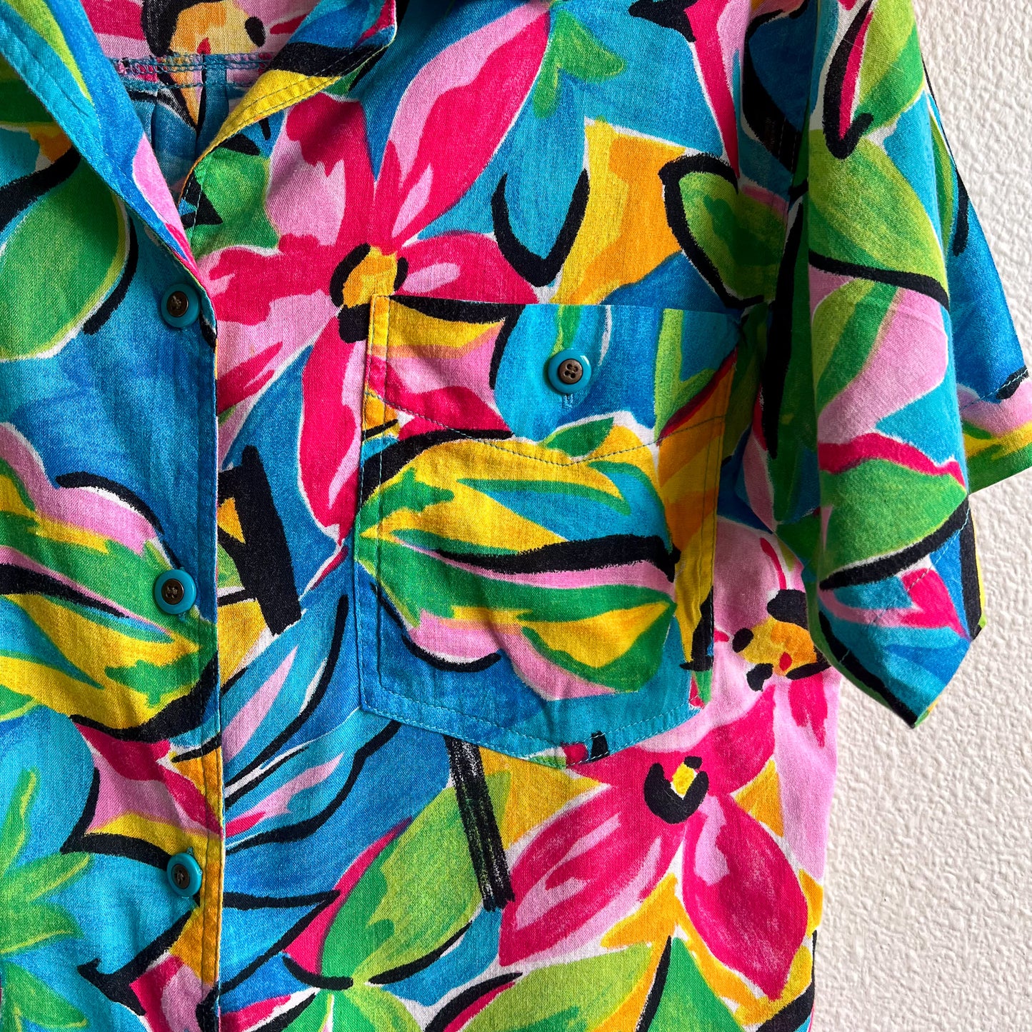 1980s Turquoise Tropical Print Button Down (M/L)