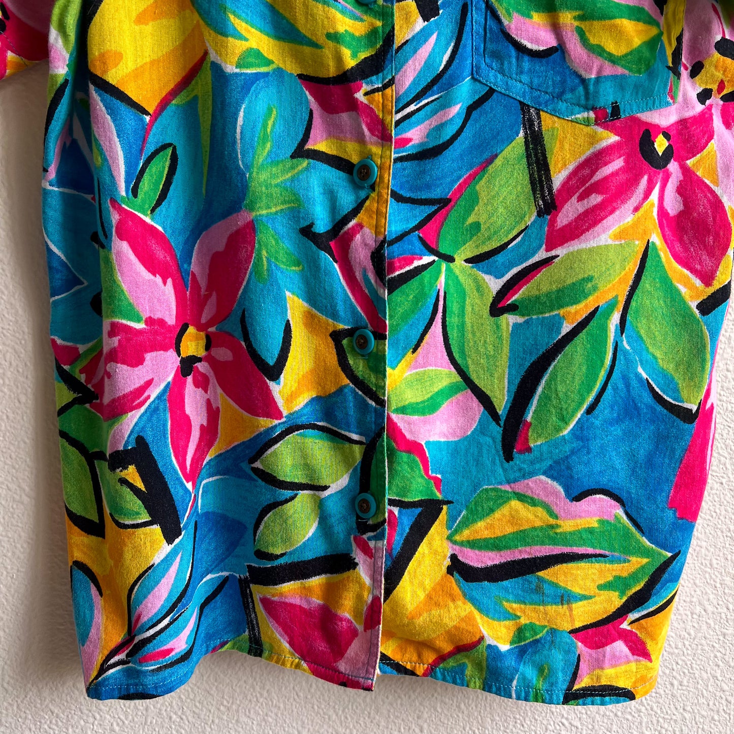 1980s Turquoise Tropical Print Button Down (M/L)