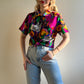 Vibrant 1980s Floral Short Sleeve Blouse (M/L)