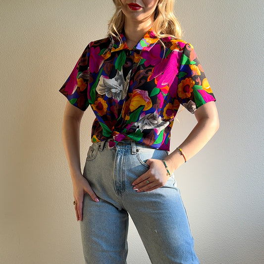 Vibrant 1980s Floral Short Sleeve Blouse (M/L)