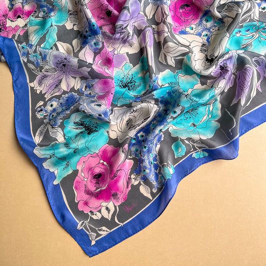 1980s Vera Watercolor Florals Silk Scarf