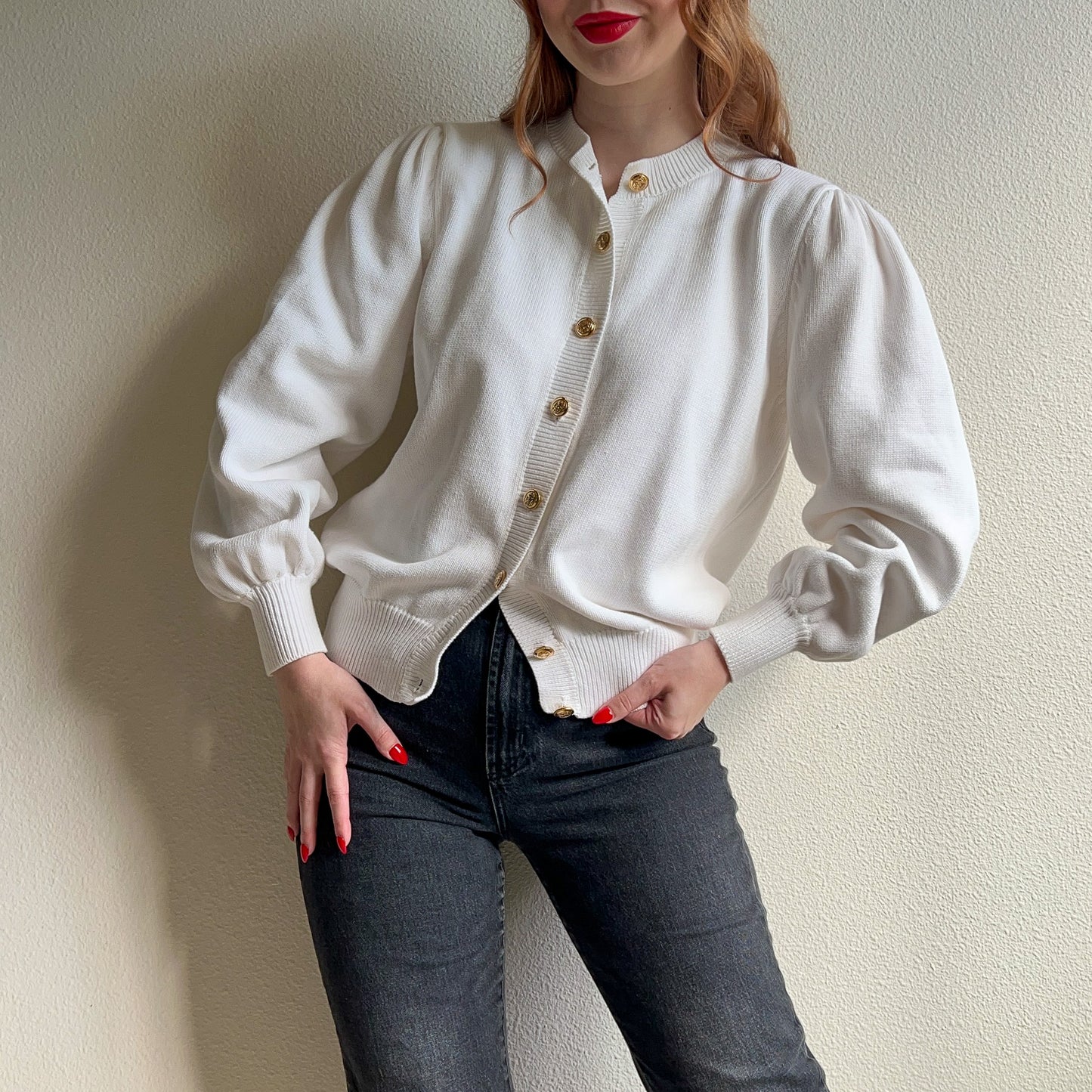 1980s White Knit Cardigan With Nautical Buttons (M/L)
