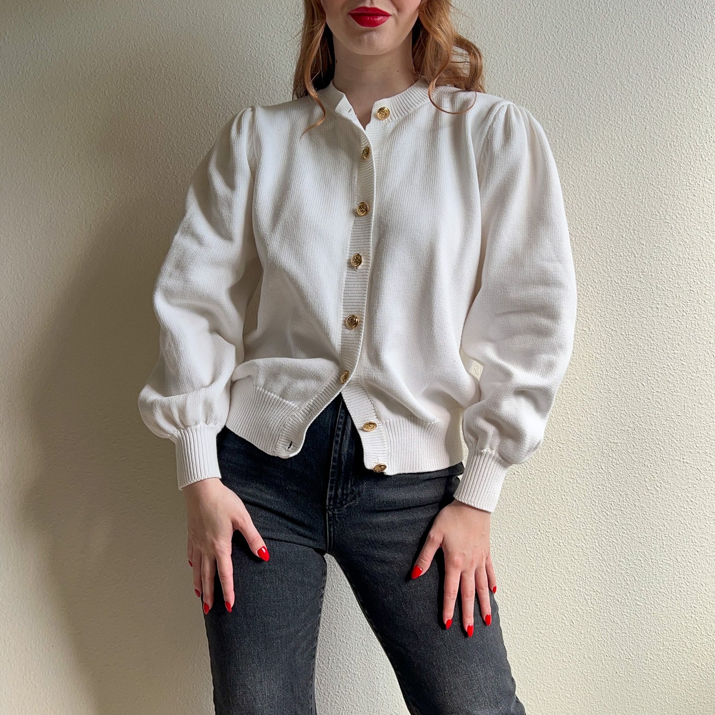 1980s White Knit Cardigan With Nautical Buttons (M/L)